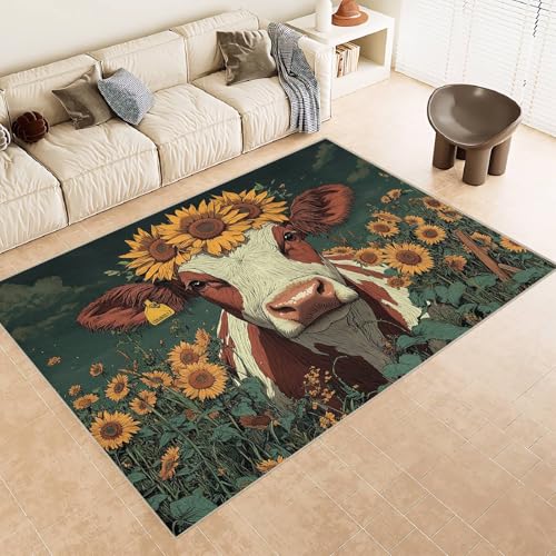 Teppich Wohnzimmer 180x240 cm 3D Druck Rinder Sonnenblume Blumen Muster Teppich Kaschmirimitat Anti Rutsch Leicht zu reinigen Waschbare Rückseite für Wohn Arbeitsbereiche Perfekt für Mietwohnungen von Generisch