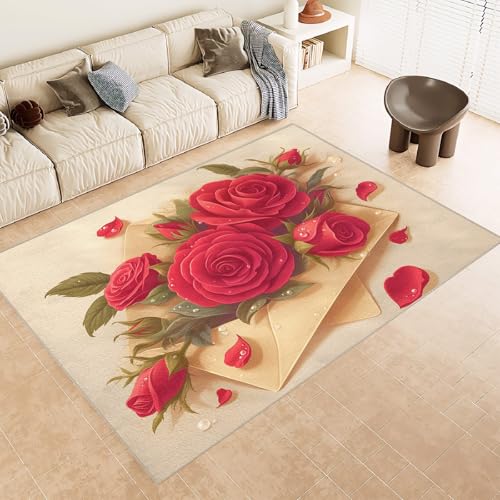 Teppich Wohnzimmer 180x240 cm 3D Druck Rosen Rot Briefumschlag Muster Teppich Kaschmirimitat Anti Rutsch Leicht zu reinigen Waschbare Rückseite für Wohn Arbeitsbereiche Perfekt für Mietwohnungen von Generisch
