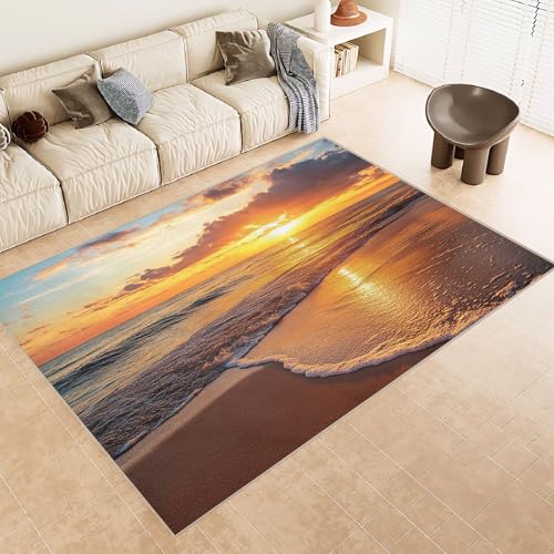 Teppich Wohnzimmer 180x240 cm 3D Druck Sonnenuntergang Strand Muster Teppich Kaschmirimitat Anti Rutsch Leicht zu reinigen Waschbare Rückseite für Wohn Arbeitsbereiche Perfekt für Mietwohnungen von Generisch