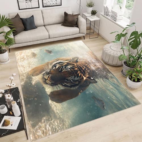 Teppich Wohnzimmer 180x240 cm 3D Druck Tiger Meeresbodenfisch Muster Teppich Kaschmirimitat Anti Rutsch Leicht zu reinigen Waschbare Rückseite für Wohn Arbeitsbereiche Perfekt für Mietwohnungen von Generisch