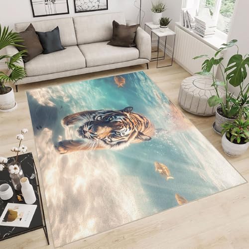 Teppich Wohnzimmer 180x240 cm 3D Druck Tiger Meeresbodenfisch Muster Teppich Kaschmirimitat Anti Rutsch Leicht zu reinigen Waschbare Rückseite für Wohn Arbeitsbereiche Perfekt für Mietwohnungen von Generisch