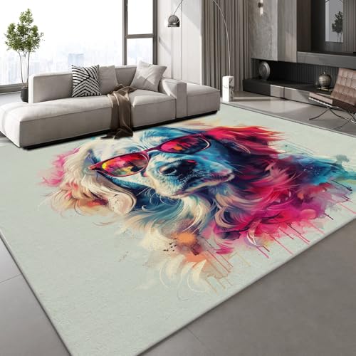 Teppich Wohnzimmer 50x80 cm Hund Bemalt 3D Druck Mode Sonnenbrillen Muster Teppich Kaschmirimitat Anti Rutsch Leicht zu reinigen Waschbare Rückseite für Wohn Arbeitsbereiche,Mietwohnungen von Generisch