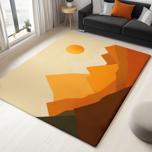 Teppich Wohnzimmer Abstrakte Sonne Berge 90 x 150 cm Flanel Teppich, für Küche Esszimmer und Schlafzimmer Fußmatte, Gelb Kurzflor Teppiche Extra Weich Pflegeleicht von Generisch