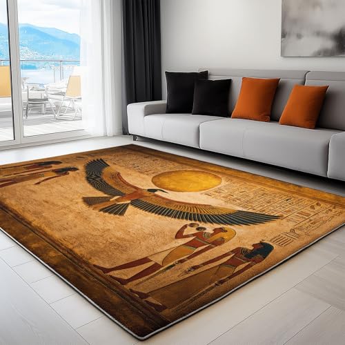 Teppich Wohnzimmer Altägyptischer Stil Vogel Pharao 120 x 180 cm Flanel Teppich, für Küche Esszimmer und Schlafzimmer Fußmatte Gelb Kurzflor Teppiche Extra Weich Pflegeleicht von Generisch