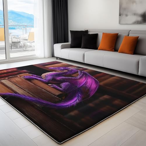 Teppich Wohnzimmer Fantasie Lila Drache Bibliothek 140 x 200 cm Flanel Teppich, für Küche Esszimmer und Schlafzimmer Fußmatte Gelb Kurzflor Teppiche Extra Weich Pflegeleicht von Generisch