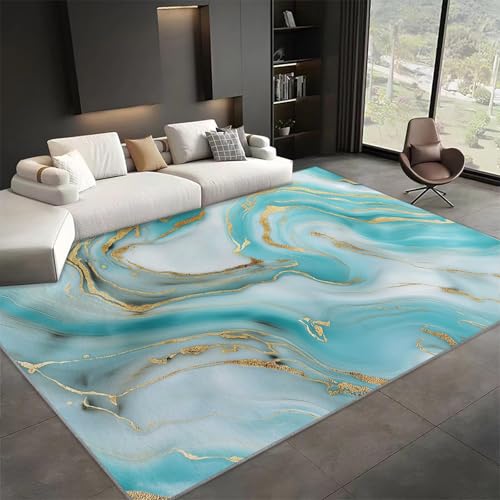 Teppich Wohnzimmer Marmor Türkis Goldene Textur 160x230 cm Teppich Schlafzimmer Kurzflor Teppich Groß Weiche Teppich rutschfest Teppich Flauschiger Teppich von Generisch