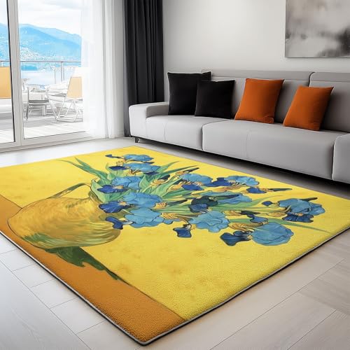 Teppich Wohnzimmer Ölgemälde Blaue Schwertlilien, Rutschfester Kurzflor Teppich Schlafzimmer 120x170 cm Flauschig Waschbar Pflegeleicht Weich Türmatte, Gelb von Generisch