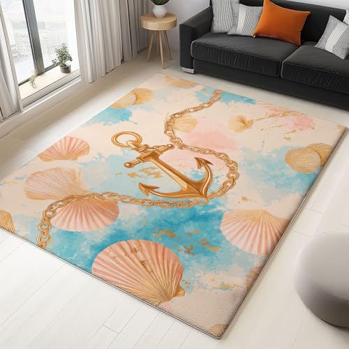 Teppich Wohnzimmer Waschbar Kurzflor Flauschiger Rutschfester Teppich, für Schlafzimmer Esszimmer Jugendzimmer Badezimmer Super Weich Langlebig Ozean Thema Muschel Anker - Rosa 180x240 cm Teppich Wohnzimmer Waschbar Kurzflor Flauschiger Rutschfester Teppich, für Schlafzimmer Esszimmer Jugendzimmer Badezimmer Super Weich Langlebig Ozean Thema Muschel Anker - Rosa 180x240 cm von Generisch
