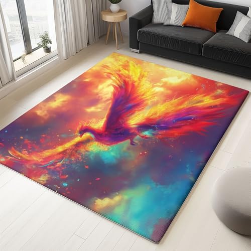 Teppich Wohnzimmer Waschbar Kurzflor - Flauschiger Rutschfester Teppich für Schlafzimmer Esszimmer Jugendzimmer Badezimmer, Super Weich Langlebig, Anime Phönix Fantasielandschaft, Gelb 140x200 cm von Generisch