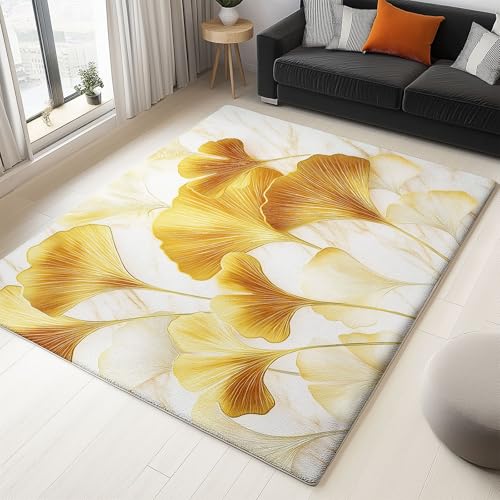 Teppich Wohnzimmer Waschbar Kurzflor - Flauschiger Rutschfester Teppich für Schlafzimmer Esszimmer Jugendzimmer Badezimmer, Weich Langlebig, Blumen Landschaft Pflanze Ginkgoblatt, Gold 140x200 cm von Generisch