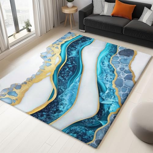 Teppich Wohnzimmer Waschbar Kurzflor - Flauschiger Rutschfester Teppich für Schlafzimmer Esszimmer Jugendzimmer Badezimmer, Weich Langlebig, Traumhafte abstrakte Marmorstruktur, Blaugrün 180x240 cm von Generisch