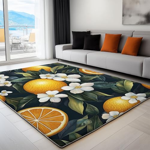 Teppich Wohnzimmer Waschbarer Frucht Zitrone Blume 80 x 150 cm Kurzflor-Teppich – Weich, Rutschfestes Design Gelbgrün, für Schlafzimmer, Esszimmer, Küchen von Generisch