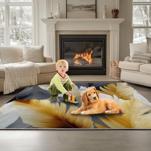 Teppich Wohnzimmer Waschbarer Tropische Pflanzen Blätter Abstrakt 140 x 200 cm Kurzflor-Teppich – Weich, Rutschfestes Design Gelbgrau, für Schlafzimmer Esszimmer Küchen von Generisch