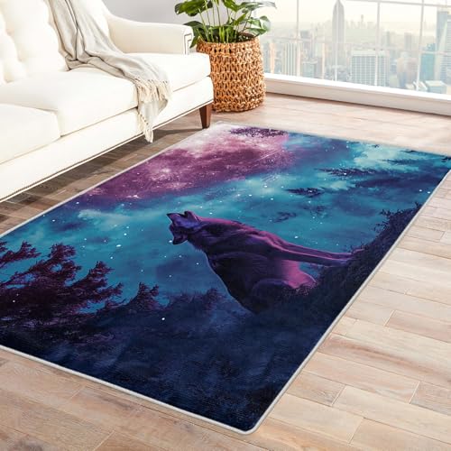 Wolf Teppich für Wohnzimmer und Schlafzimmer - Wildtiere Galaxie Design, Kleiner Kurzflor, Waschbar, Rutschfest, Kinderteppich Fussmatte Innen 60x90 cm von Generisch