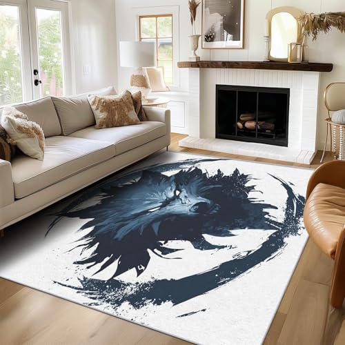 Teppich Wolf Wohnzimmer 120x170 Waschbar, Bettvorleger Tiere Kunst Design Teppiche Gegend Schlafzimmer Deko & Wohnaccessoires, Kurzflor Teppich, Weich, rutschfest von Generisch