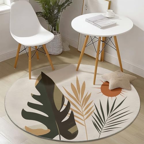 Teppich für das Wohnzimmer 100 cm- rutschfest Waschbar Rund Teppich mit Bohème Abstrakt Blätter Design, Geeignet für Flur Esszimmer Schlafzimmer und Küche - Beige von Generisch