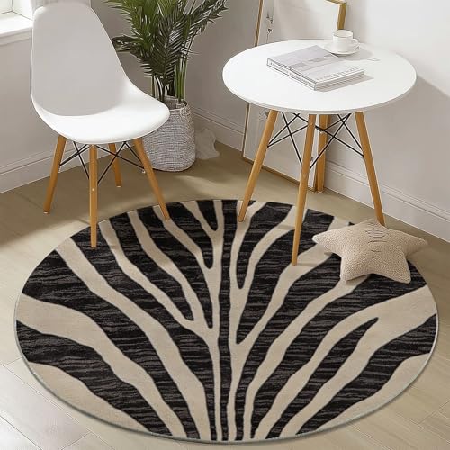 Teppich für das Wohnzimmer 100 cm- rutschfest Waschbar Rund Teppich mit Gestreift Zebrafell Design, Geeignet für Flur Esszimmer Schlafzimmer und Küche - Beige Schwarz von Generisch