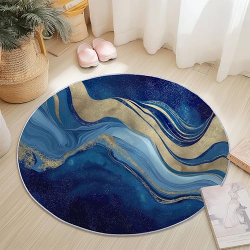 Teppich für das Wohnzimmer 100 cm- rutschfest Waschbar Rund Teppich mit Marmor Abstrakt Wellen Design, Geeignet für Flur Esszimmer Schlafzimmer und Küche - Blau von Generisch
