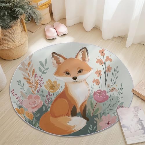 Teppich für das Wohnzimmer 100 cm- rutschfest Waschbar Rund Teppich mit Süß Fuchs Blumen Design, Geeignet für Flur Esszimmer Schlafzimmer und Küche - Weiß von Generisch