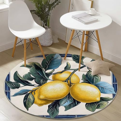 Teppich für das Wohnzimmer 100 cm- rutschfest Waschbar Rund Teppich mit Zitrone Blätter Design, Geeignet für Flur Esszimmer Schlafzimmer und Küche - Beige von Generisch