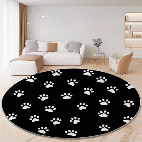 Teppich für das Wohnzimmer 120 cm- rutschfest Waschbar Rund Teppich mit Niedliche Pfotenabdrücke Design, Geeignet für Flur Esszimmer Schlafzimmer und Küche - Schwarz von Generisch