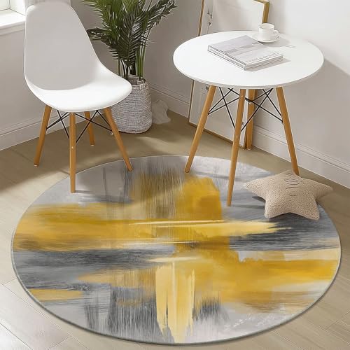 Teppich für das Wohnzimmer 150 cm- rutschfest Waschbar Rund Teppich mit Abstrakt Palette Pinselstriche Design, Geeignet für Flur Esszimmer Schlafzimmer und Küche - Grau Gelb von Generisch