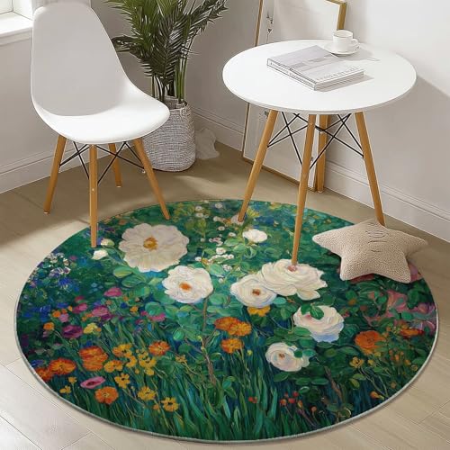 Teppich für das Wohnzimmer 160 cm- rutschfest Waschbar Rund Teppich mit Pflanze Ölgemälde Blumen Design, Geeignet für Flur Esszimmer Schlafzimmer und Küche - Grün von Generisch