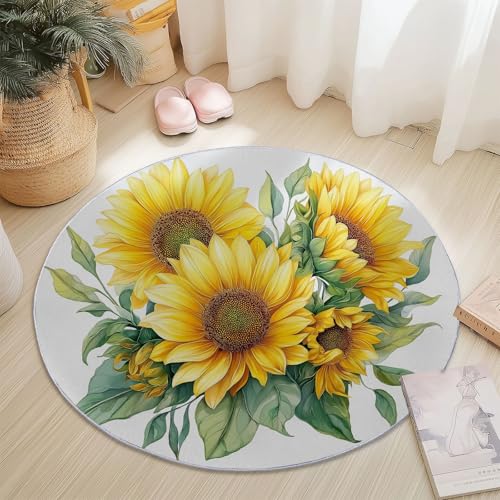 Teppich für das Wohnzimmer 160 cm- rutschfest Waschbar Rund Teppich mit Sonnenblume Aquarell Design, Geeignet für Flur Esszimmer Schlafzimmer und Küche - Weiß Teppich für das Wohnzimmer 160 cm- rutschfest Waschbar Rund Teppich mit Sonnenblume Aquarell Design, Geeignet für Flur Esszimmer Schlafzimmer und Küche - Weiß von Generisch