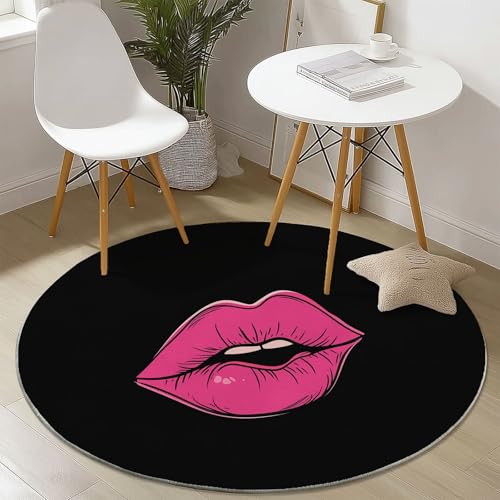 Teppich für das Wohnzimmer 180 cm- rutschfest Waschbar Rund Teppich mit Cartoon Süß Lippen Design, Geeignet für Flur Esszimmer Schlafzimmer und Küche - Schwarz von Generisch