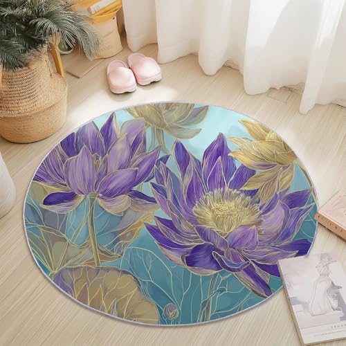 Teppich für das Wohnzimmer 90 cm- rutschfest Waschbar Rund Teppich mit Abstrakt Lotus Design, Geeignet für Flur Esszimmer Schlafzimmer und Küche - Blau Lila von Generisch