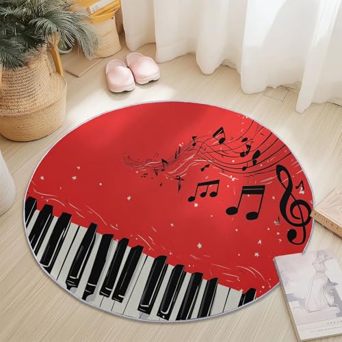 Teppich für das Wohnzimmer 90 cm- rutschfest Waschbar Rund Teppich mit Cartoon Klavier Noten Design, Geeignet für Flur Esszimmer Schlafzimmer und Küche - Rot von Generisch