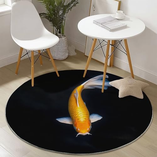 Teppich für das Wohnzimmer 90 cm- rutschfest Waschbar Rund Teppich mit Goldener Koi Design, Geeignet für Flur Esszimmer Schlafzimmer und Küche - Schwarz von Generisch