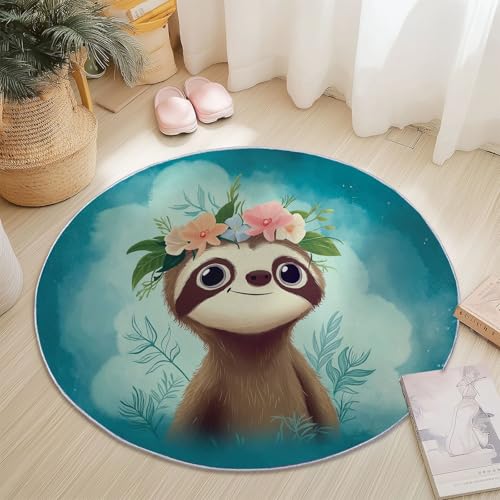 Teppich für das Wohnzimmer 90 cm- rutschfest Waschbar Rund Teppich mit Niedlich Cartoon Faultier Design, Geeignet für Flur Esszimmer Schlafzimmer und Küche - Blau von Generisch