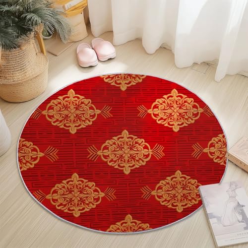 Teppich für das Wohnzimmer - rutschfest Waschbar Rund Teppich mit Traditionell Orientalisch Chinesischer Knoten Design, Geeignet für Wohnzimmer Flur Esszimmer Schlafzimmer und Küche - Rot, 160 cm von Generisch