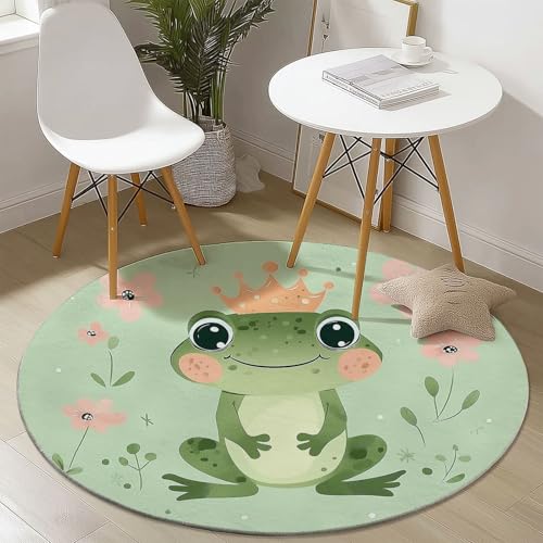 Teppiche Runde Waschbarer Niedlich Cartoon Frosch Thema, Grün Muster Rutschfester Runder Teppich für Schlafzimmer Kinderzimmer Büro Korridor, Pflegeleicht Runde Teppich 100 cm von Generisch