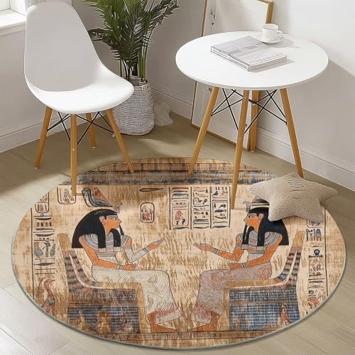 Teppiche Runde Waschbarer Traditionell Altägyptische Kunst Figuren Thema, Khaki Muster Rutschfester Runder Teppich für Schlafzimmer Kinderzimmer Büro Korridor, Pflegeleicht Runde Teppich 160 cm von Generisch