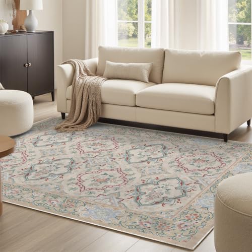 Teppiche für Wohnzimmer, 80 x 160 cm, kleiner Teppich für Schlafzimmer, Esszimmer, Dachboden, Nachttisch, Eingang, rutschfester Bodenteppich, Retro-geometrisches Blumenmuster, mehrfarbig, Beige von Generisch