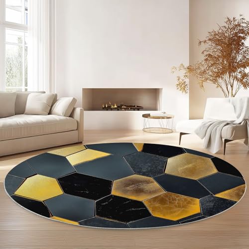 Teppiche für Wohnzimmer Rund, Moderne Geometrie Sechsecke Drucken Teppich Schlafzimmer Groß Flanell Flauschig Weich rutschfest Fußmatte Waschbar für Kinderzimmer, Durchmesser 100 cm, Schwarz Gold von Generisch