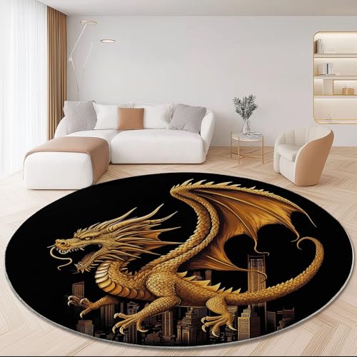 Teppiche für Wohnzimmer Rund Durchmesser 100 cm, Fantasy Goldener Drache Game Art Drucken Groß Flanell Teppich für Kinderzimmer Schlafzimmer, Flauschig rutschfest Fußmatte Waschbar, Schwarz Gold Teppiche für Wohnzimmer Rund Durchmesser 100 cm, Fantasy Goldener Drache Game Art Drucken Groß Flanell Teppich für Kinderzimmer Schlafzimmer, Flauschig rutschfest Fußmatte Waschbar, Schwarz Gold von Generisch
