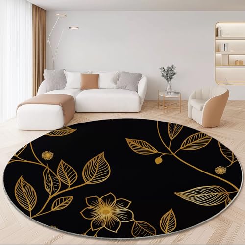Teppiche für Wohnzimmer Rund Durchmesser 180 cm, Elegant Blätter Blumen Linien Drucken Groß Flanell Teppich für Kinderzimmer Schlafzimmer, Flauschig Rutschfest Fußmatte Waschbar, Schwarz Gold von Generisch