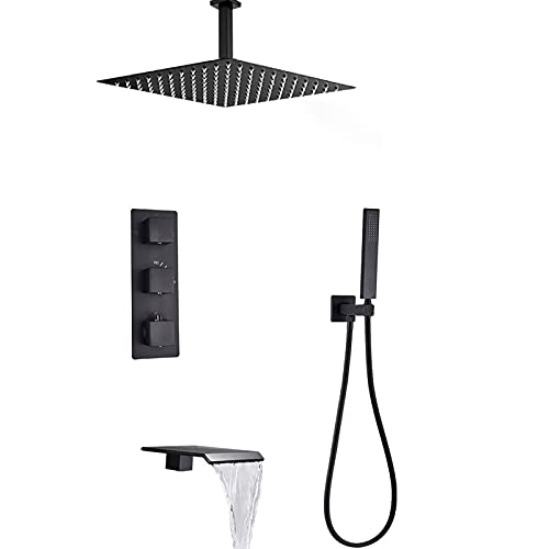 Thermostat-Duscharmatur-Set – Wasserfall-Wannenauslauf und Deckenmontage, quadratisches Regenduschkopf-System mit Handbrause Thermostat-Duscharmatur-Set – Wasserfall-Wannenauslauf und Deckenmontage, quadratisches Regenduschkopf-System mit Handbrause von Generisch