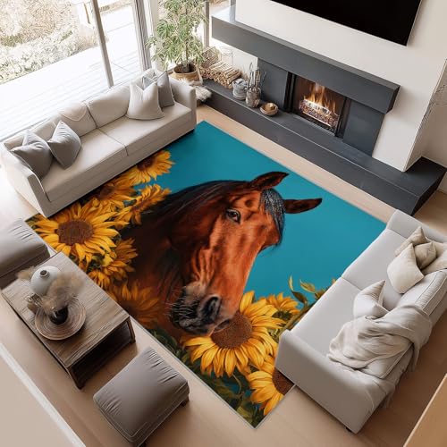 Tier Braunes Pferd Sonnenblume Teppich Wohnzimmer 80 x 150 cm Supersoft Kurzflor Teppich Schlafzimmer, Waschbar Anti-Rutsch fussmatte für Jugendzimmer Badezimmer, Türkis Tier Braunes Pferd Sonnenblume Teppich Wohnzimmer 80 x 150 cm Supersoft Kurzflor Teppich Schlafzimmer, Waschbar Anti-Rutsch fussmatte für Jugendzimmer Badezimmer, Türkis von Generisch