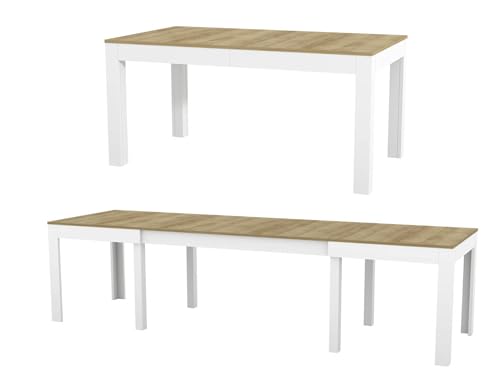 Tisch Küchentisch Esszimmertisch Esstisch Torino ausziehbar 300 cm Eiche Riviera - Weiß Matt 4-12 Personen Esstisch 160 x 90 x 76 cm Moderner rechteckiger Tisch mit Erweiterungsmöglichkeit von Generisch