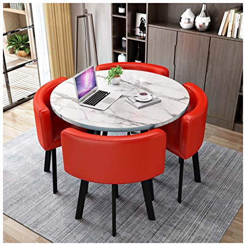 Tisch und Stuhl Kombination Balkon Esszimmer Küche Esstisch und Stuhl 5er Set 80cm/90cm Büro Empfang Freizeit Tisch Einfacher Holz Runder Tisch Metallbeine 4 Lederstühle Farbe von Generisch