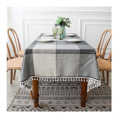 Tischdecke, kariert, rechteckig, 140 x 220 cm, waschbar, Polyester, Tischdecke mit Quasten, für Picknicks, Partys, Essen und Events, Grau von Generisch