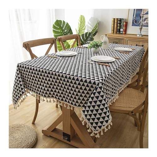 Tischdecke, rechteckig, 140 x 200 cm, waschbar, Polyester, Baumwolle, geometrisches Karomuster, mit Quasten, ideal für Küche, Esszimmer, Picknick, weiße dekorative Tischdecke von Generisch