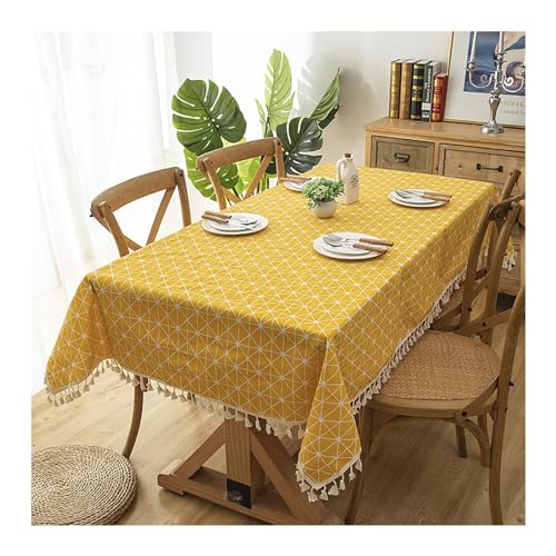 Tischdecke, rechteckig, 140 x 200 cm, waschbar, Polyester, Baumwolle, geometrisches Karomuster, mit Quasten, ideal für Küche, Esszimmer, Picknick, weiße dekorative Tischdecke von Generisch