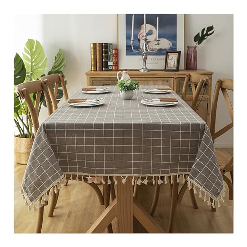 Tischdecke, rechteckig, 140 x 200 cm, waschbar, Polyester, Baumwolle, geometrisches Karomuster, mit Quasten, ideal für Küche, Esszimmer, Picknick, weiße dekorative Tischdecke von Generisch