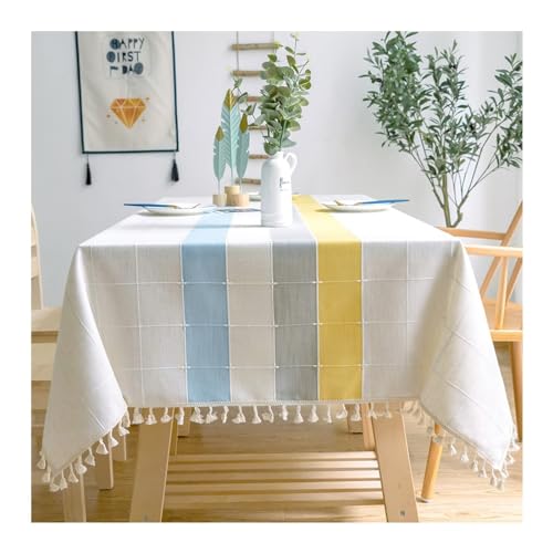 Tischdecke, rechteckig, 140 x 240 cm, waschbar, Baumwollleinen, kariert und gestreift, mit Quasten, ideal für Küche und Esstisch, Dekoration, Blau, Grau, Gelb und stilvoll Tischdecke, rechteckig, 140 x 240 cm, waschbar, Baumwollleinen, kariert und gestreift, mit Quasten, ideal für Küche und Esstisch, Dekoration, Blau, Grau, Gelb und stilvoll von Generisch