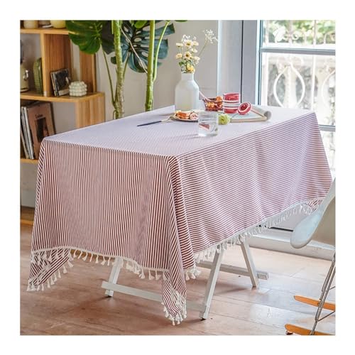 Tischdecke, rechteckig, 140 x 300 cm, waschbar, Baumwoll-Leinen-Mischgewebe, gestreiftes Design mit Quasten, ideal für Küche und Esstisch, Rot von Generisch